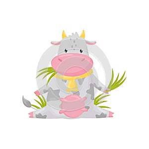 Cute spotted cow sitting and eating grass, funny farm animal cartoon character vector Illustration on a white background
