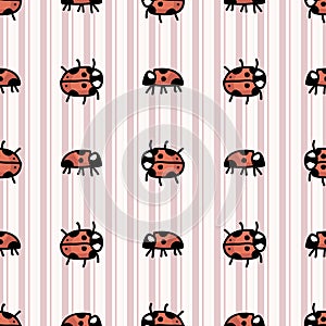 Cute spotted ladybug seamless vector pattern. Hand drawn biology garden wildlife for stay home illustration. Tiny