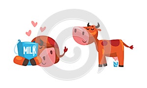 Cute Spotted Milk Cow with Udder Sleeping with Milk Bucket Vector Set