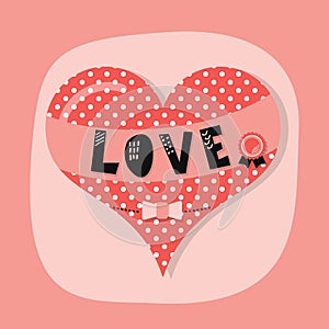 Cute spotty heart emblem with LOVE banner and award bow on pink background