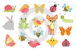 Cute spring animals set. Insects, birds and animals found in nature.