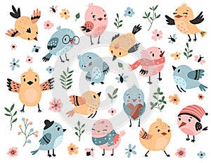 Cute spring bird set, cartoon character design.