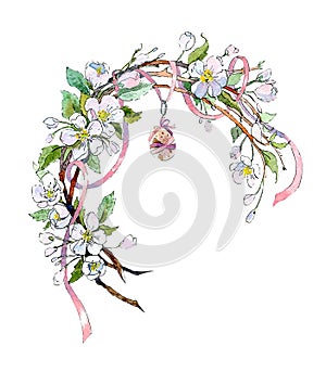 Cute spring easter wreath with apple tree flowers, small quail egg and pink ribbon. Watercolor illustration, handmade.