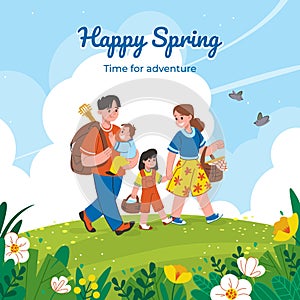 Cute spring family. Adventure in nature. Flower meadow landscape. Man and woman walking with kids. Easter holiday banner