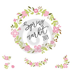 Cute spring floral wreath Collection in pink green colors Text Spring Market Vector illustration