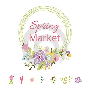 Cute spring floral wreath Text Spring Market Vector illustration Flower hand drawn decor