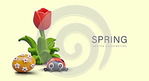 Cute spring horizontal concept in realistic style. Red tulip in fresh grass, ladybug, egg