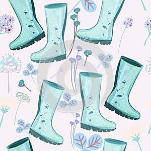 Cute spring pattern with blue rubber boots and flowers for design