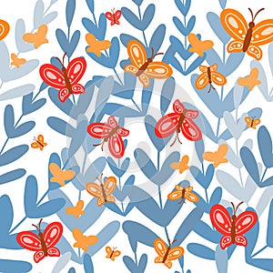 Cute springtime themed seamless pattern with butterflies and blue leaves on white background