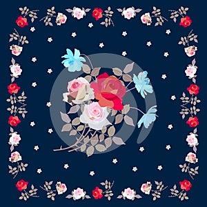 Cute square pattern with bouquet of roses and cosmos flowers on dark blue background and floral frame.