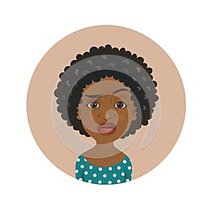 Cute squeamish Afro American woman avatar. Overcritical African girl emoji.  Skeptical dark-skinned person facial expression.