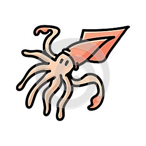 Cute squid cartoon vector illustration motif set. Hand drawn isolated cephalopod elements clipart for ocean creature