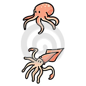 Cute squid and octopus set cartoon vector illustration motif set. Hand drawn isolated cephalopod elements clipart for