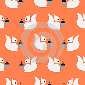 Cute squirrel with acorns seamless pattern orange background print. Vector geometric illustration for kids or home decor