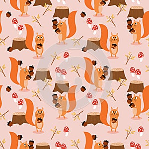 Cute squirrel and autumn leaves seamless pattern