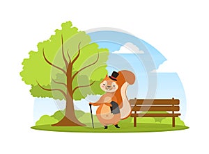 Cute Squirrel in Black Top Hat Walking in the Park with Cane, Adorable Humanized Wild Animal Character on Summer