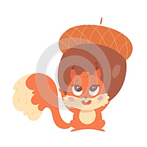 Cute squirrel character holding big acorn, furry animal with funny expression on face