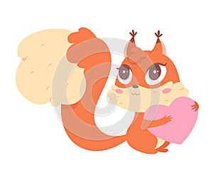 Cute squirrel character with long furry tail holding romantic pink heart, love symbol