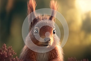 Cute Squirrel close up view. Wild animal. Close up of a cute and curious grey squirrel natural habitat. generative AI