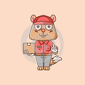Cute squirrel courier package delivery animal chibi character mascot icon flat line art style illustration concept cartoon