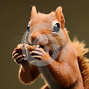 Cute squirrel eating a nut, cheerful beautiful ginger animal