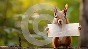Cute squirrel with empty mock up sign in forest. Space for text