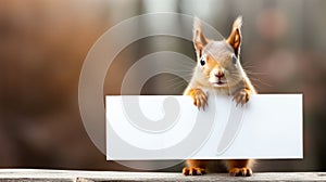 Cute squirrel with empty mock up sign in forest. Space for text