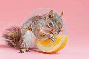 Cute squirrel enjoying a fresh orange slice on a pink background