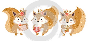Cute squirrel forest set. Animal collection character with gift and flower Vector happy funny greeting card