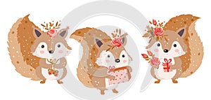 Cute squirrel forest set. Animal collection character with gift and flower Vector happy funny greeting card
