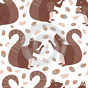 Cute squirrel juggling acorns seamless pattern background. Red brown woodland animals playing ball with nuts on white