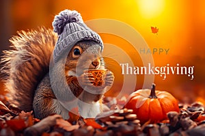 A cute squirrel in a knitted hat drinks tea from a cup with pumpkin against the light orange backdrop of an autumn forest.