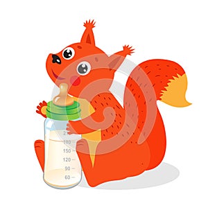 Cute Squirrel With Milk Bottle. Welcome Baby Vector.