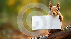 Cute squirrel with mock up sign in autumn forest. Space for text