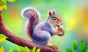 So cute squirrel with nut on brown branch with green leaves, AI generated