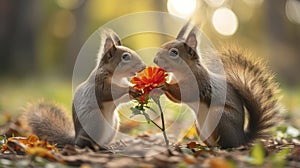 A Cute Squirrel Offering a Flower Gift to Its Lover in a Heartwarming Wildlife Scene. Love and Valentine's day greeting card