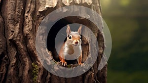 A cute squirrel peeks out of the hollow. AI Generated