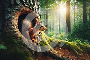 A cute squirrel peeks out of the hollow