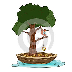 Cute squirrel pirate on a tree in a sea voyage.