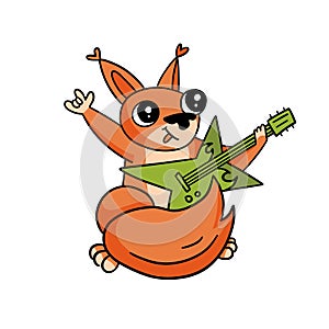 Cute squirrel playing electric guitar and showing a gesture of rosk . Happy wildlife animal singing song, enjoying life