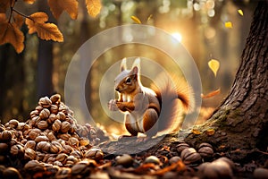 Roztomilý veverička úroda roh hojnosti z vlašské orechy v jeseň les príprava 