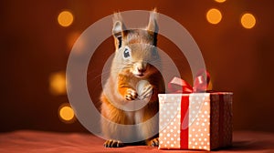 Cute squirrel with red gift box on brown background with bokeh
