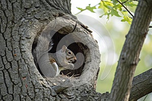 Squirrel in a tree. Squirrel sitting in its nest, the hole in the tree photo