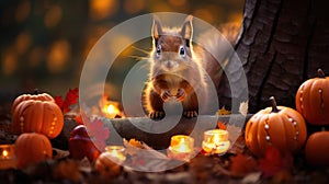 Cute squirrel sitting on a tree trunk in autumn forest with pumpkins and candles