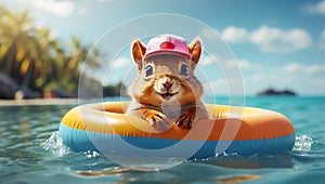 Cute squirrel in a swimming circle sea funny leisure banner resort holiday