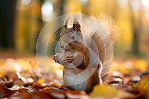 A cute squirrel with a walnut in its paws sits in the leaves in the autumn forest.