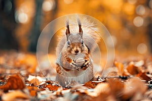 A cute squirrel with a walnut in its paws sits in the leaves in the autumn forest. Close-up