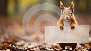 Cute squirrel with wooden mock up sign in autumn forest. Space for text