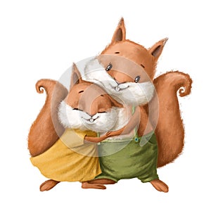 Cute squirrels couple tender hugs, watercolor clipart, valentines illustration with cartoon characters