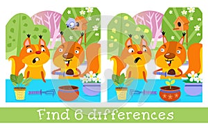 Cute squirrels plant flowers in pot. Find 6 differences. Game for children. Hand drawn full color children illustration